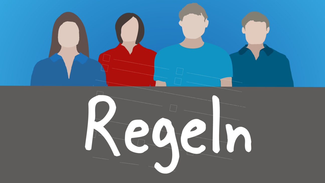 Vier Personen einer Lerngruppe sind zu sehen. Darunter steht das Wort "Regeln".