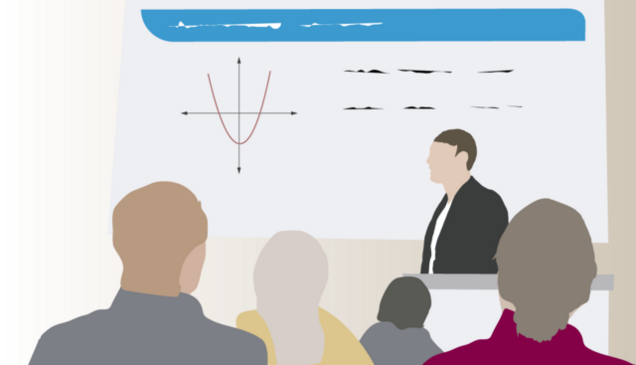 Mehrere Personen sitzen im Publikum und blicken auf eine Präsentationsfolie, auf der ein Koordinatensystem mit einer rot gezeichneten Parabel zu sehen ist. Rechts daneben steht eine Vortragsperson hinter dem Pult.