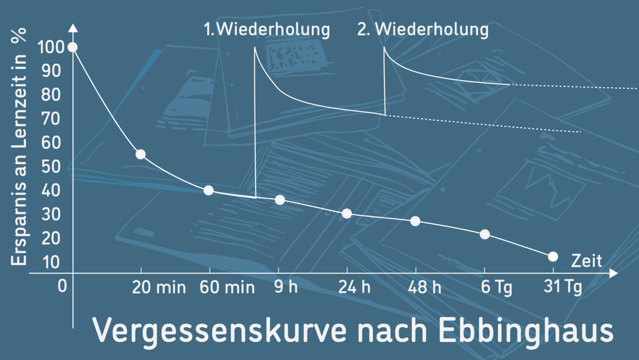 Auf der Vergessenskurve ist zu sehen, das nach jeder Wiederholung weniger Lernzeit nötig ist.