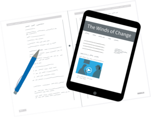 Ein Tablet und ein Kugelschreiber liegen auf einer aufgeschlagenen Lerneinheit. Auf dem Tablet ist eine ebenfalls eine Lerneinheit zu sehen.