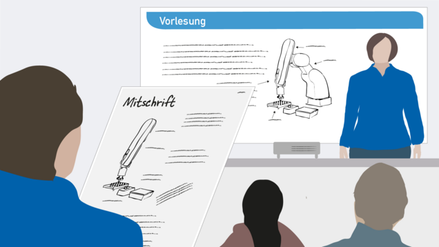 Eine Person hält einen Vortrag. Hinter Ihr ist eine Präsentation zu sehen. Im Puplikum sitzt ein Studierender und schaut auf seine Mitschrift.