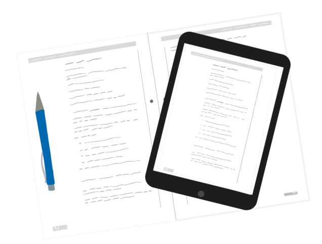 Ein Tablet und ein Kugelschreiber liegen auf einer aufgeschlagenen Lerneinheit. Auf dem Tablet ist eine ebenfalls eine Lerneinheit zu sehen.