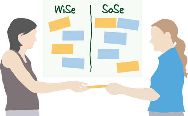 Zwei Frauen stehen vor einem Whiteboard, auf dem links Wintersemester und rechts Sommersemester drauf steht. Sie überreichen sich eines der Aufkleber, welches an das Whiteboard angeheftet werden kann.  