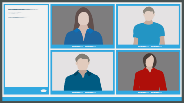 Auf einem Bildschirm ist ein Videokonferenzsystem abgebildet. Rechts und in der Mitte sind jeweils zwei Bildschirme mit Personen einzeichnet. Links ist der Chat abgebildet.