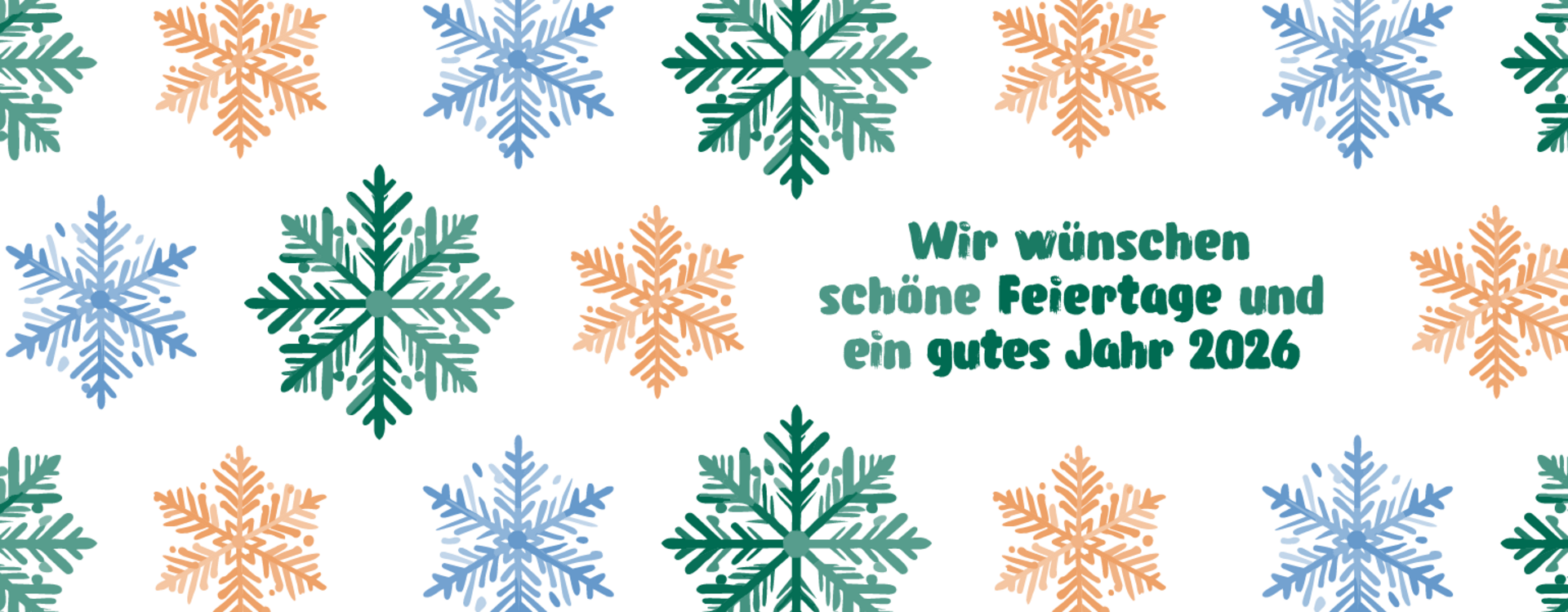 Weihnachtskarte: Geometrisches Muster aus farbigen Schneekristallen mit Grußbotschaft. Wir wünschen schöne Feiertage und ein gutes Jahr 2026 - IfV NRW.