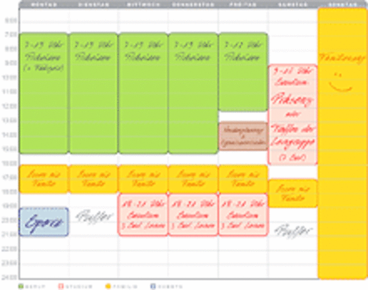 Kalender mit eingetragenen Terminen für Berufliches, Privates und Studium 