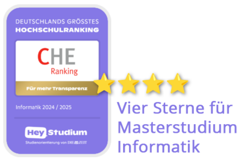 Signet des CHE-Rankings 2024/25 für den Fachbereich Informatik mit 4 Sternen